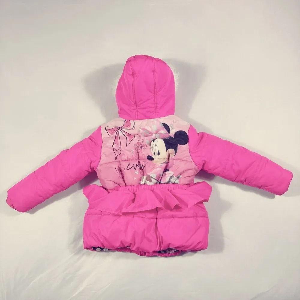 Disney Minnie Puffer Jacker Girl Size 4T‎ Pink Hooded Long Sleeve Full Zipper
